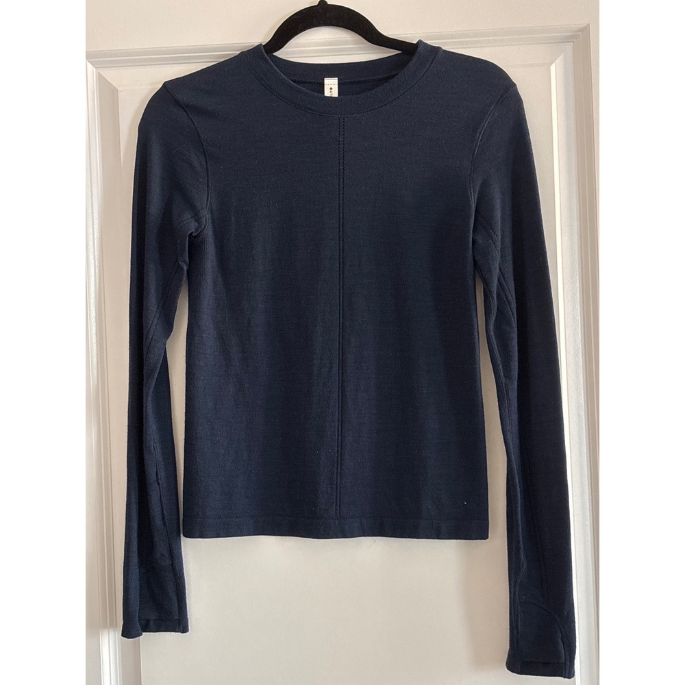 Athleta Ascent Seamless Top Navy Blue Wool Blend Long Sleeve Thumbholes Small - Picture 3 of 7